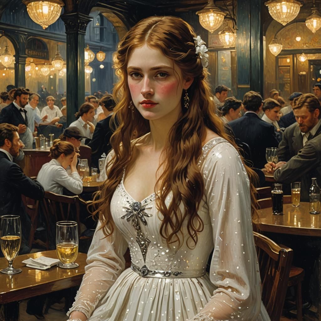 Girl in Sequin Dress: Impressionist Cafe Scene