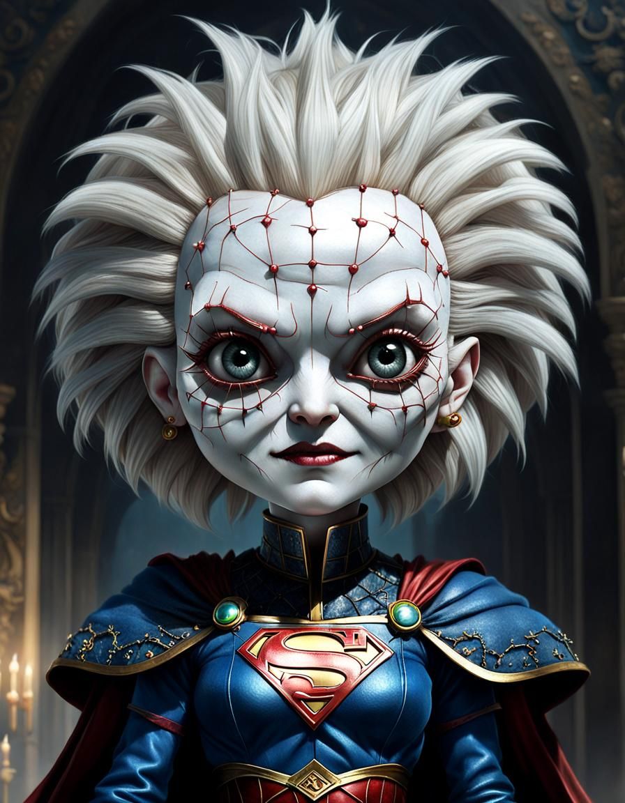 Chibi Supergirl Pinhead Hybrid Portrait in Fantasy Art