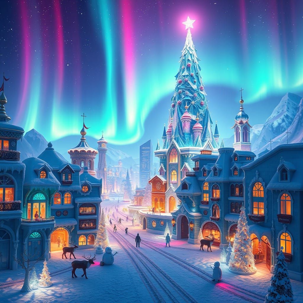 Surreal Crystal Metropolis Shines with Aurora Borealis Color...