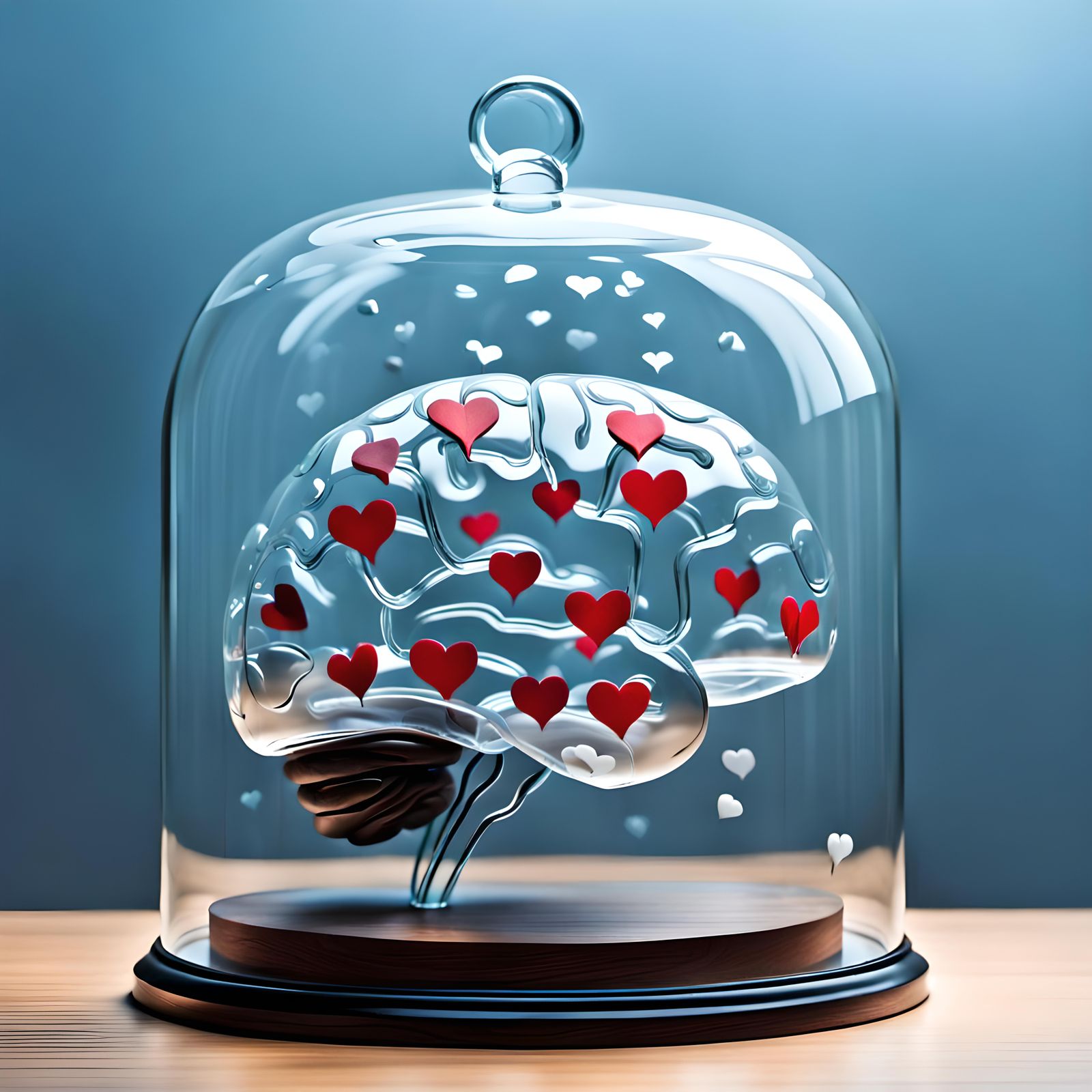 Glass Brain Sculpture with Hearts and Questions