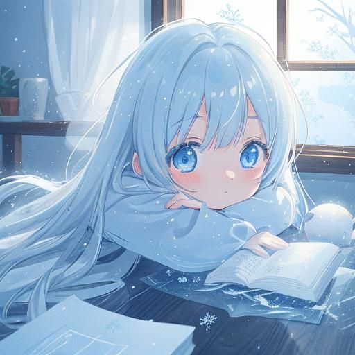 Dreamy Anime Girl Gazing Out Window in Winter
