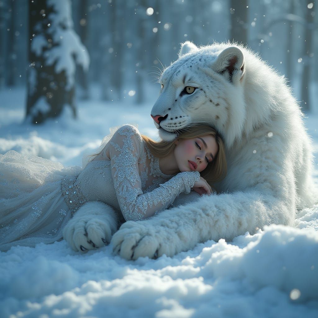 Hyperrealistic Portrait of a Woman with a Snow Leopard