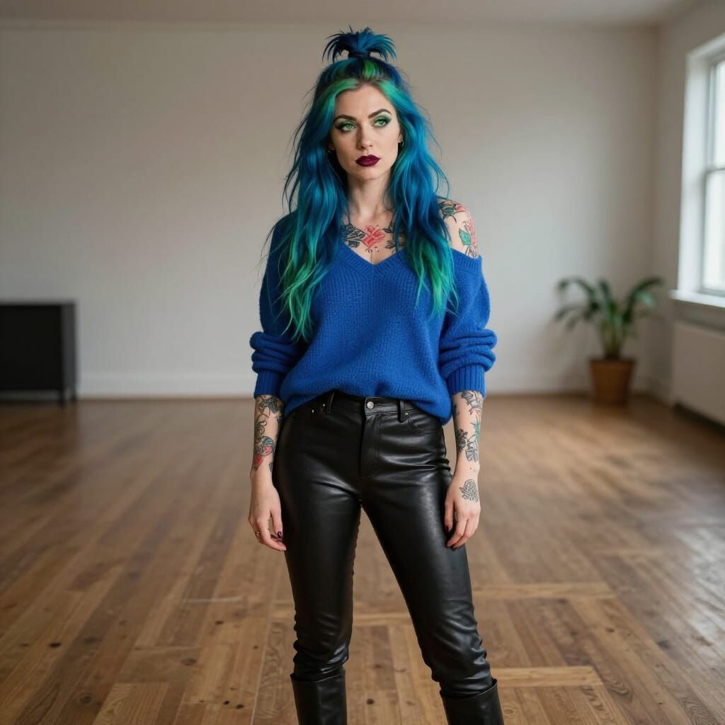 British Woman with Blue Green Hair and Tattoos