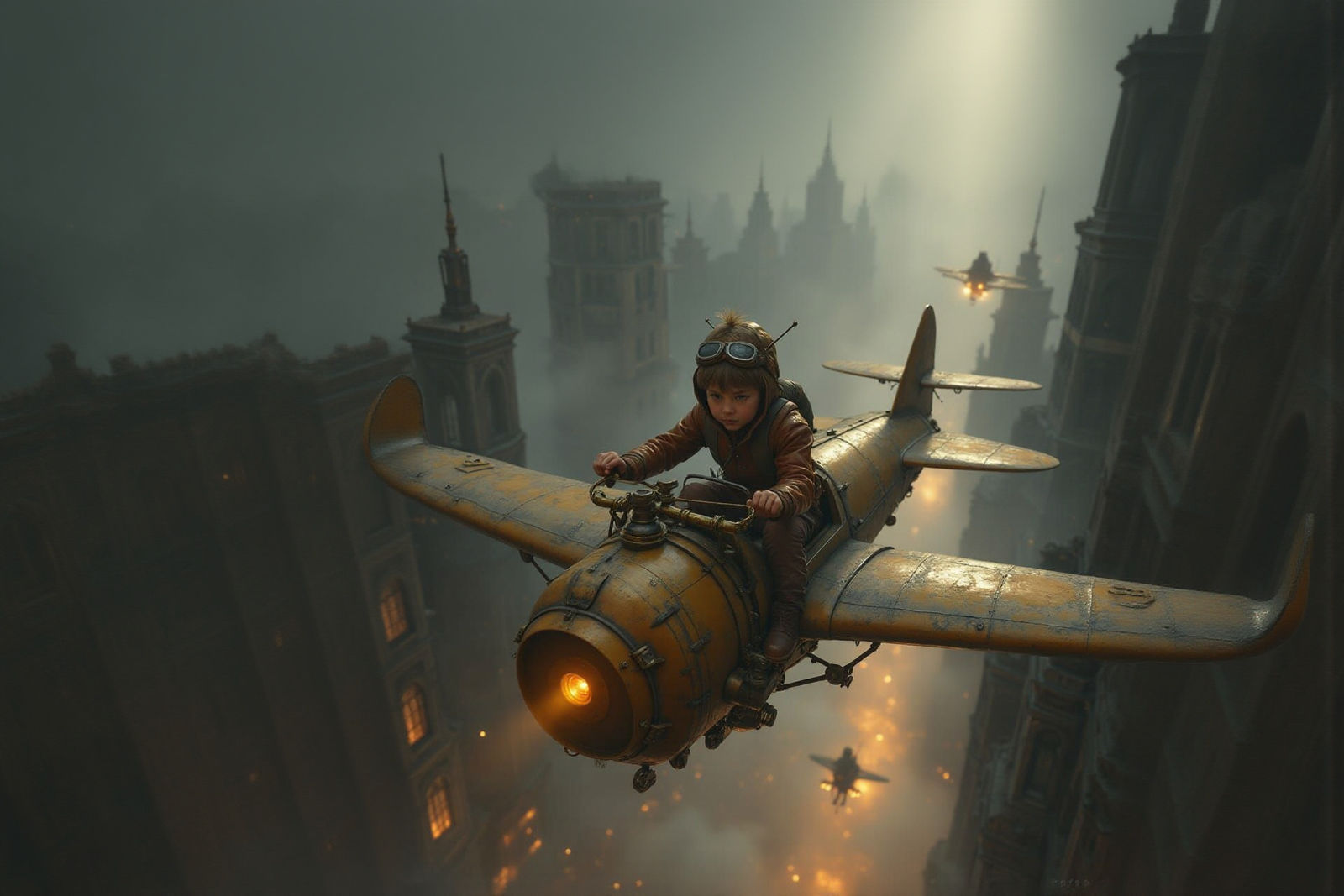 Steampunk Boy's Escape Over Victorian City