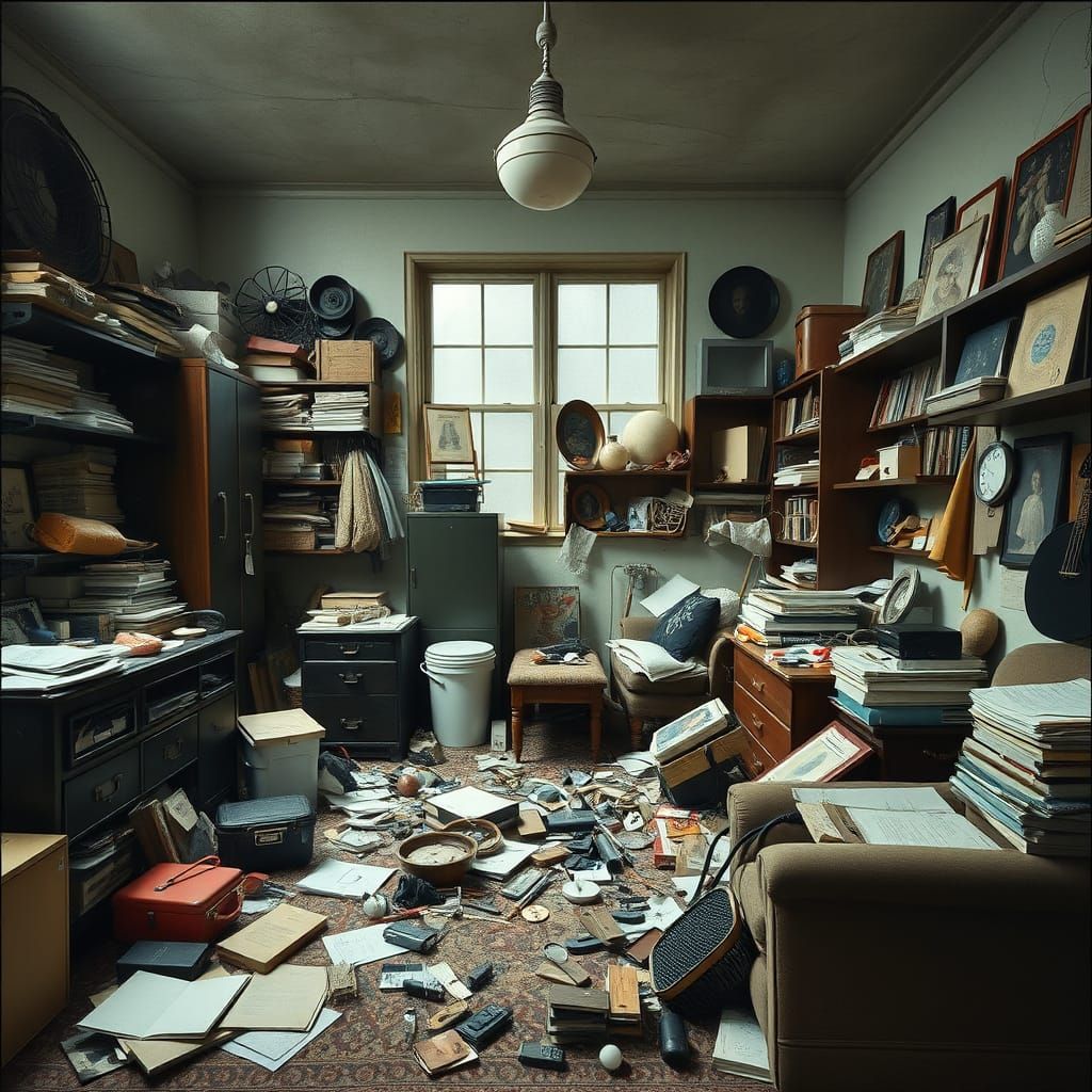 Surreal Disorganized Room Inspired by Hockney and Dali