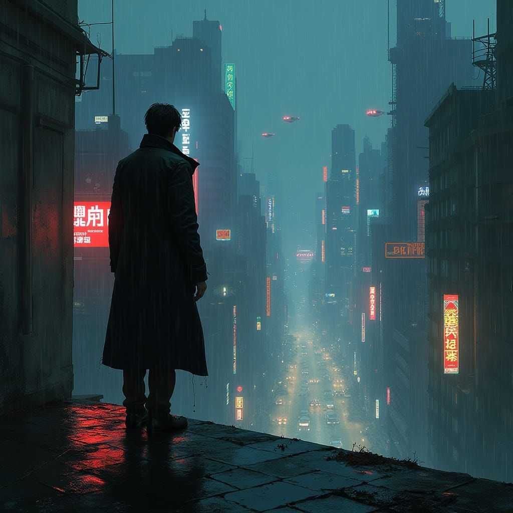 Cyberpunk Metropolis: Rooftop View in Gritty Realism