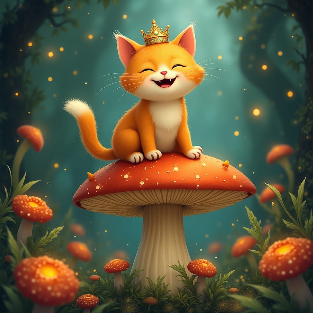 Regal Orange Cat Reigns in Whimsical Fairy Tale Forest