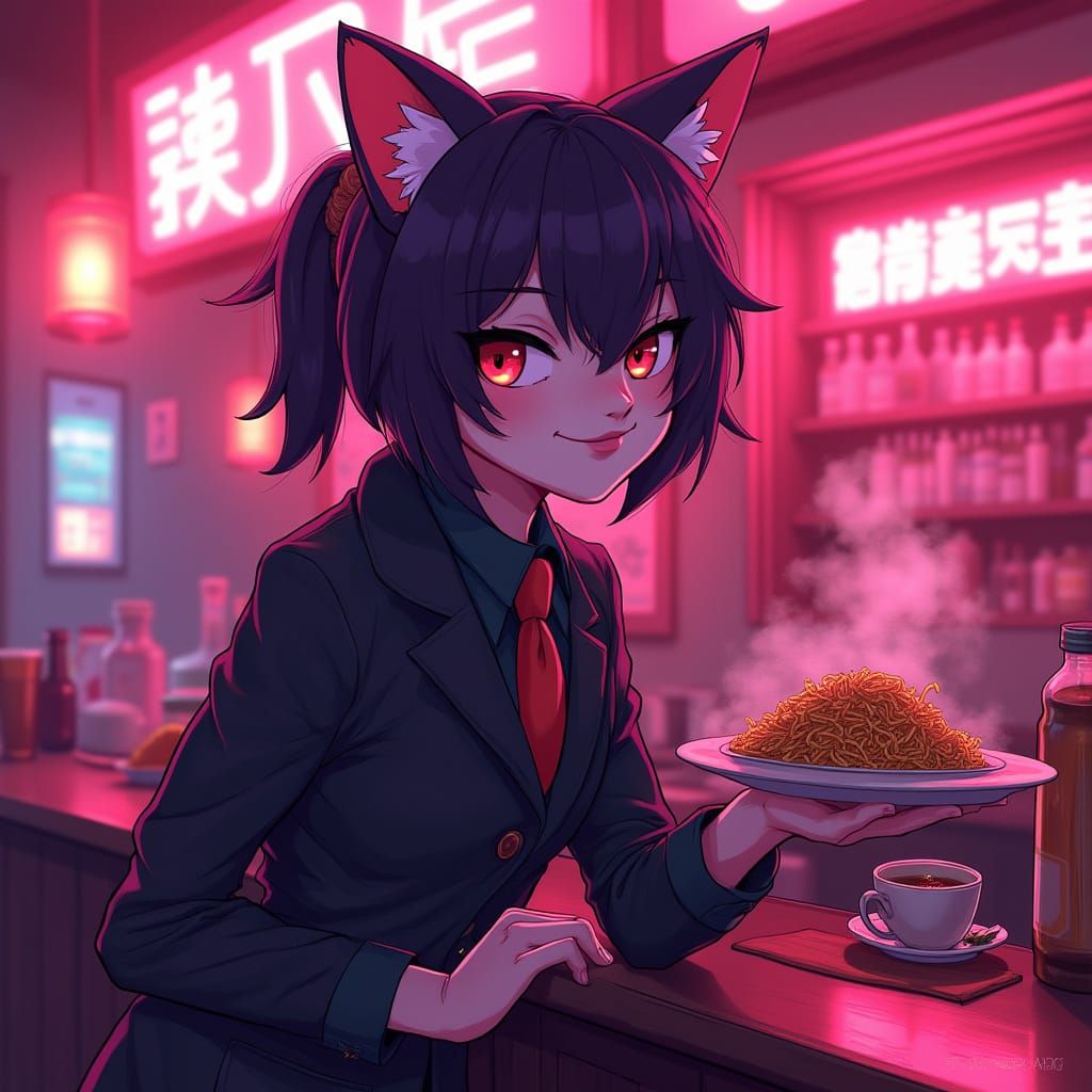 Cat Girl Bartender at Neon Ramen Bar in Anime Style