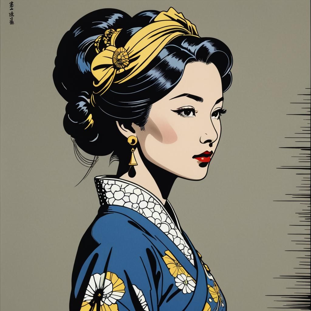 Asian woman. Style by Roy Lichtenstein.