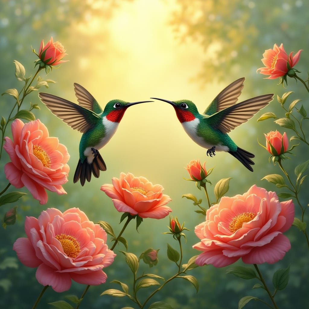 Hummingbirds in Rose Garden at Sunrise: Impressionistic Styl...