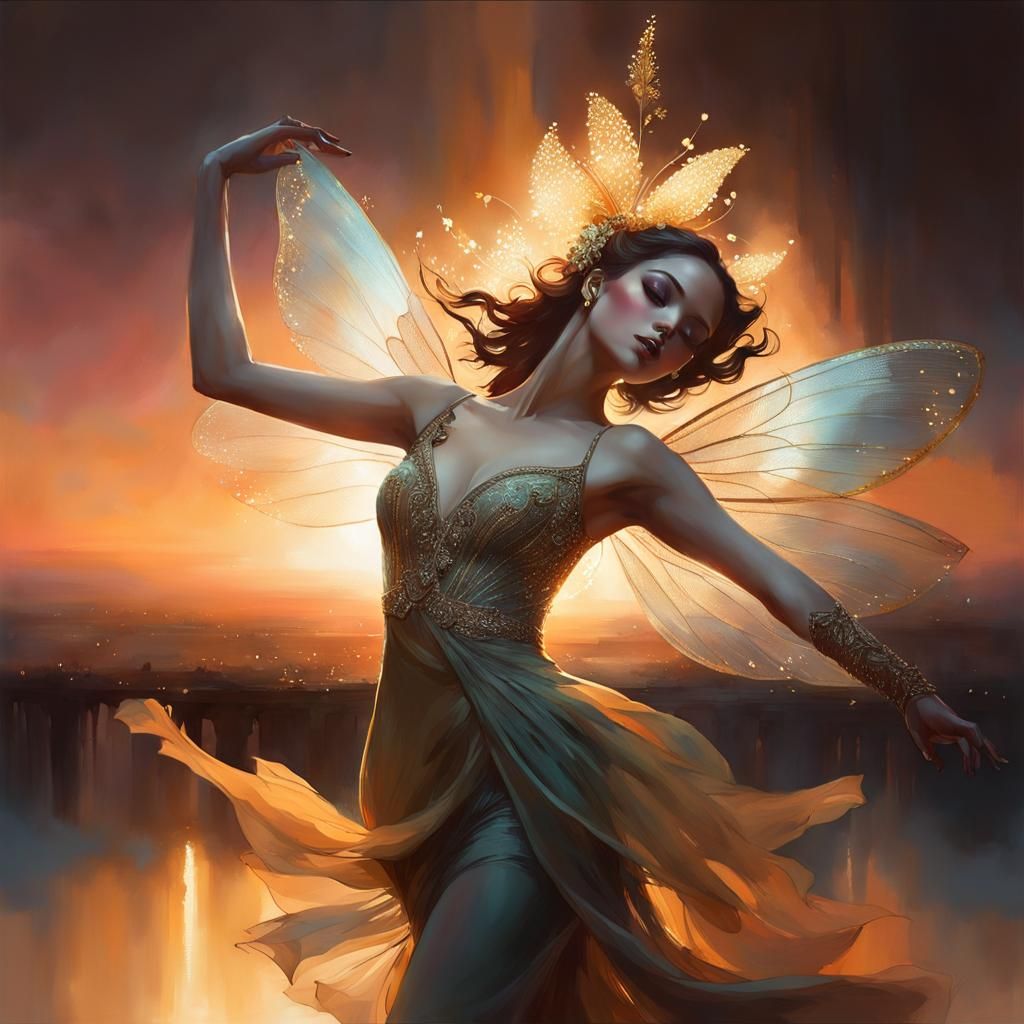 Dynamic Fairy Dancing at Sunset in Digital Art Style