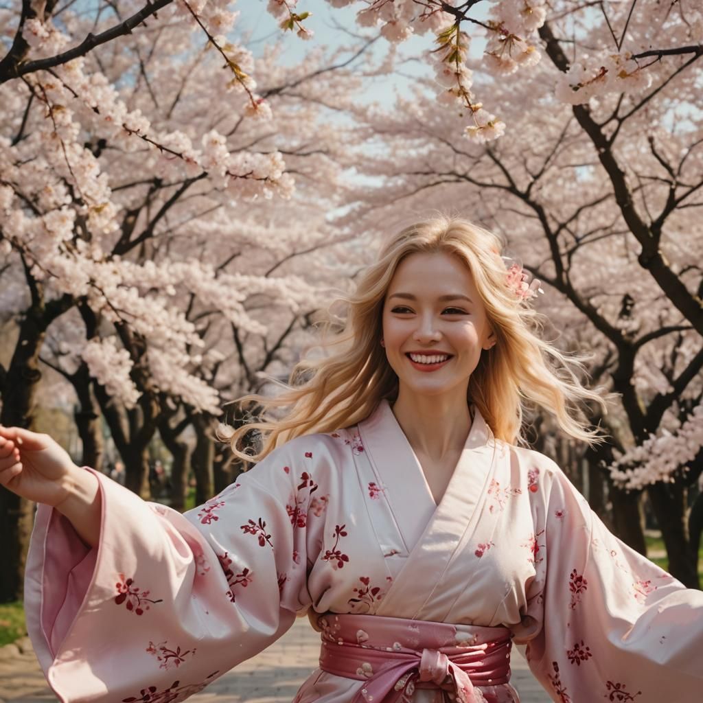 Woman Dancing in Kimono Under Cherry Blossoms