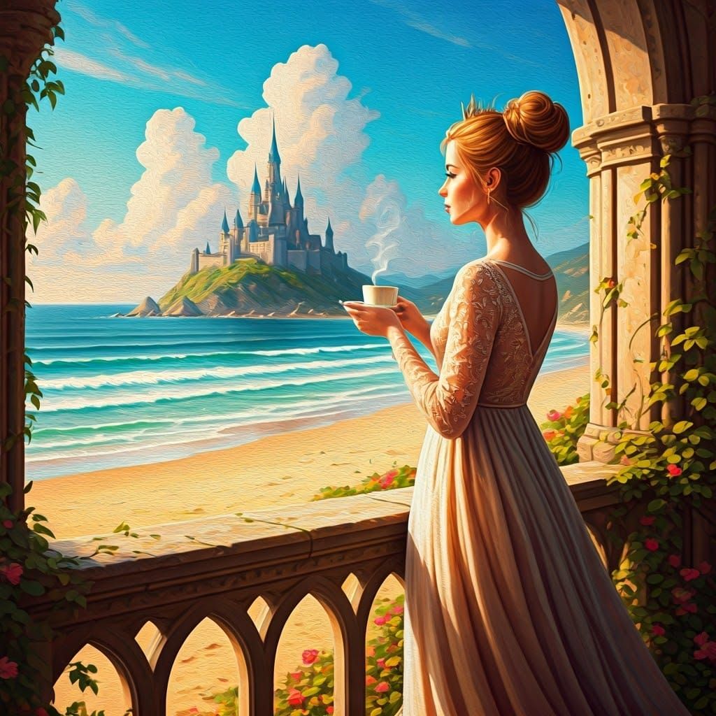Princess Sips Coffee in Dreamy Beach Scene