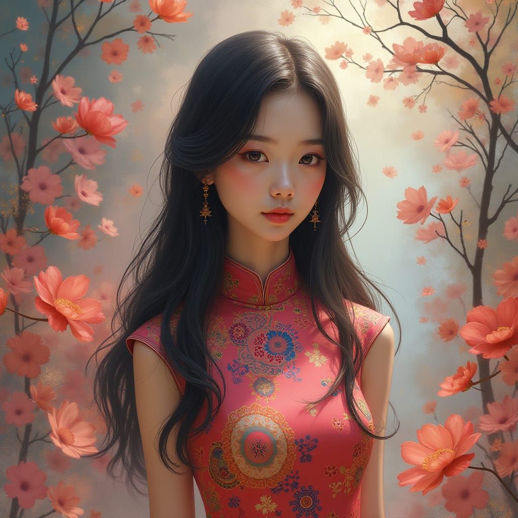 Asian Woman in Whimsical, Dreamlike Environment with Kaleido...