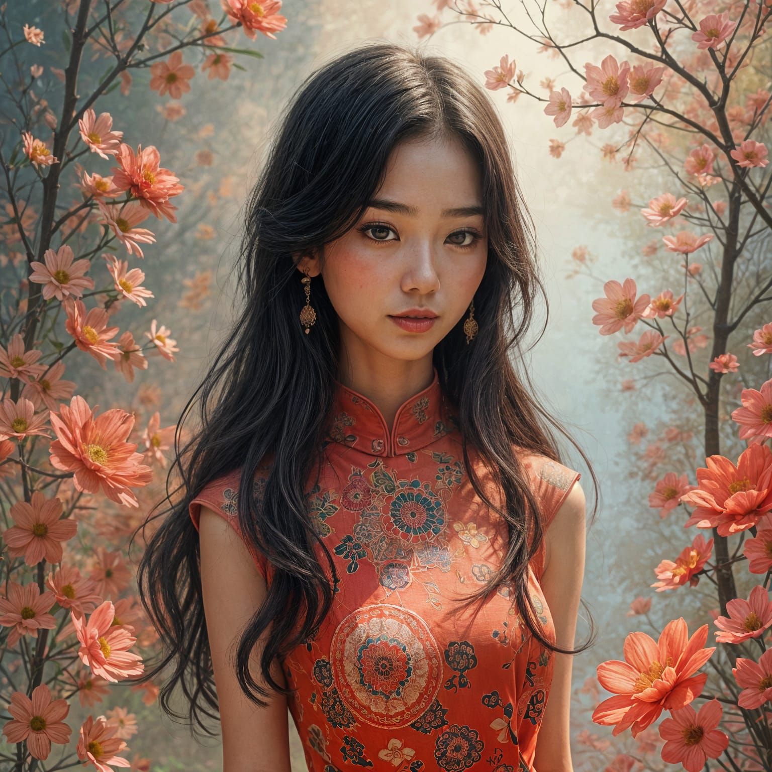 Ethereal Asian Woman in Whimsical Dreamscape