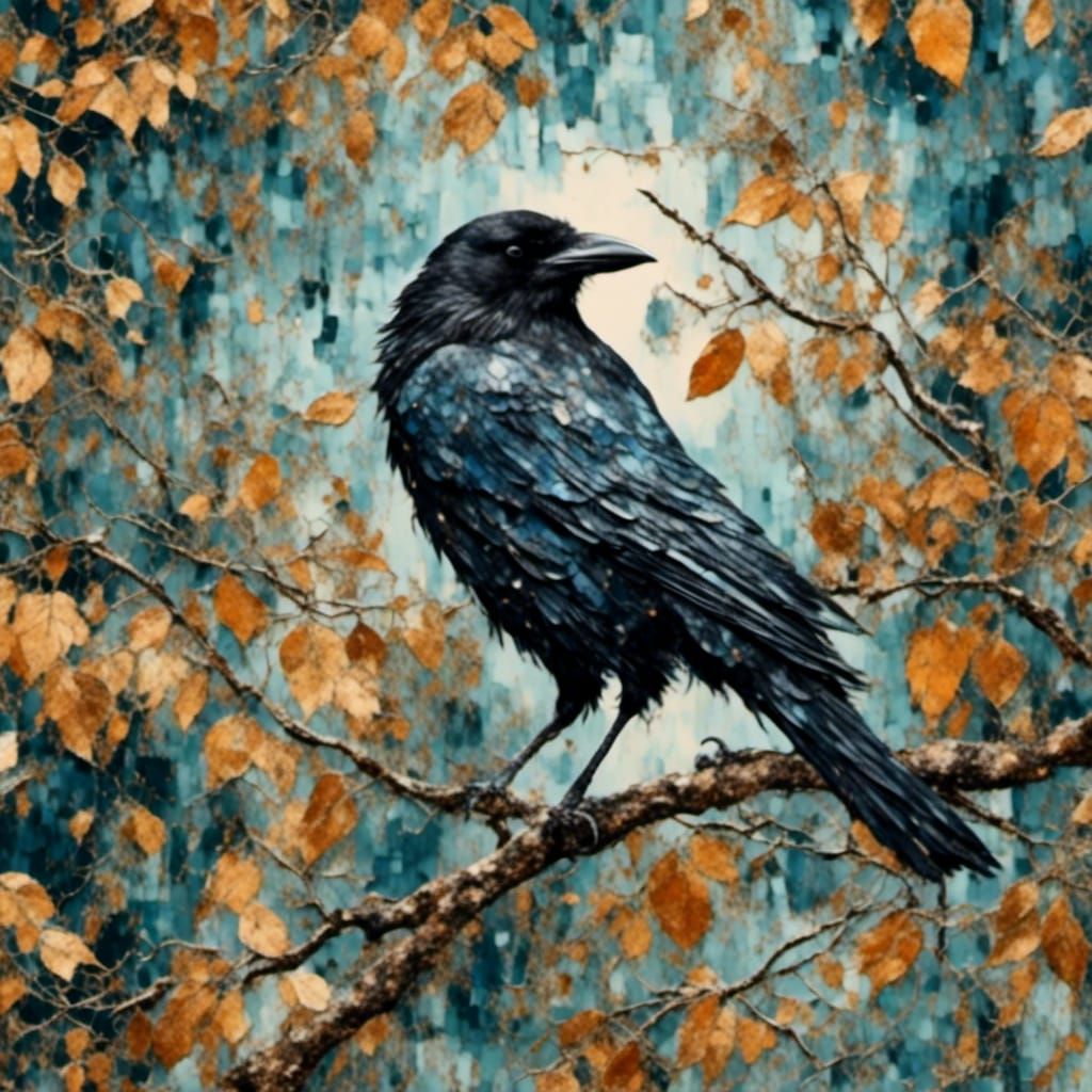 Majestic Crow on Autumn Branch in Watercolor Gouache