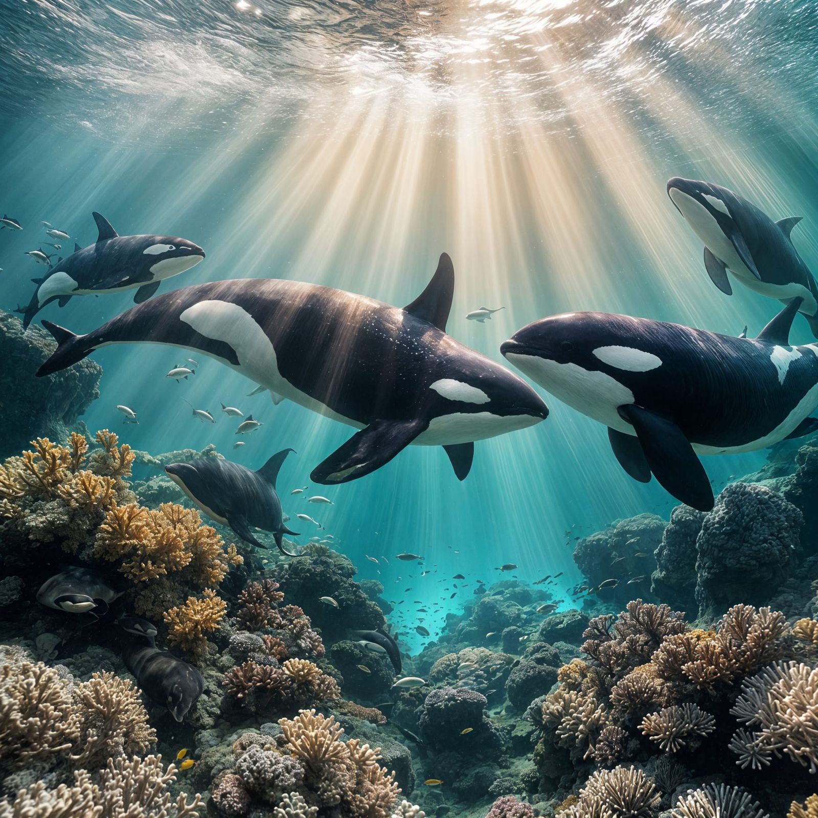 Hyper-Realistic Orca Pod in Crystal-Clear Waters