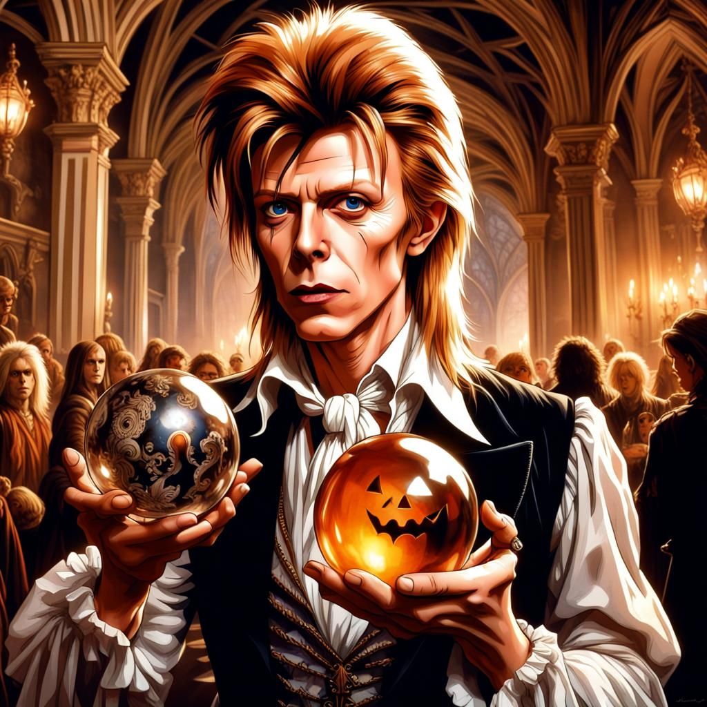 Young David Bowie as Jareth from Labyrinth holding a glass o...
