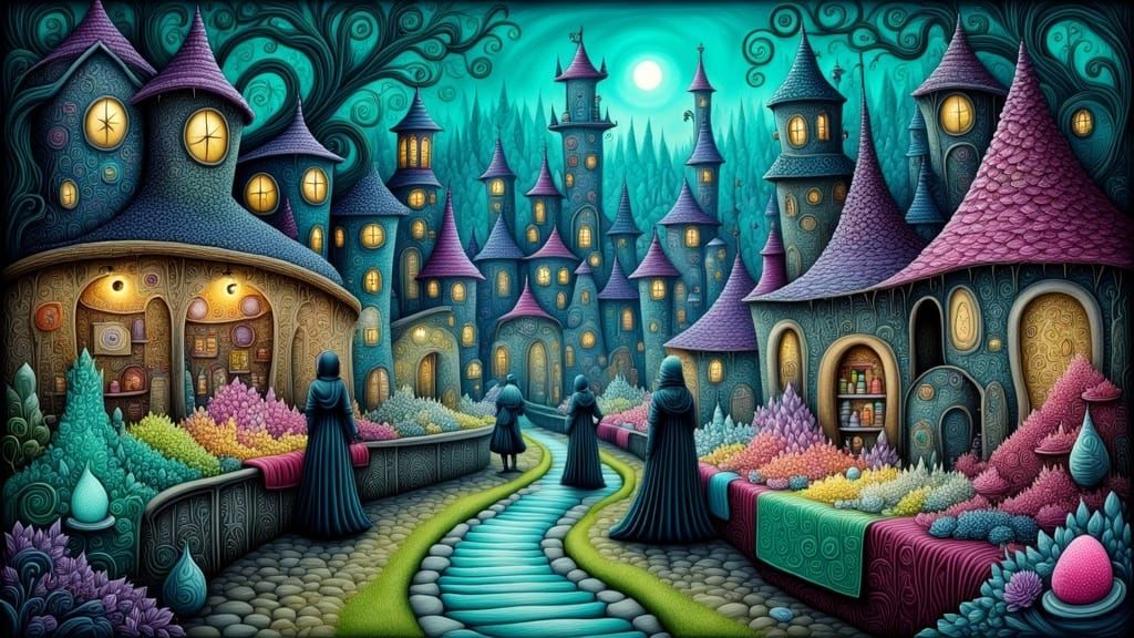 Otherworldly Twilight Marketplace with Bioluminescent Crysta...