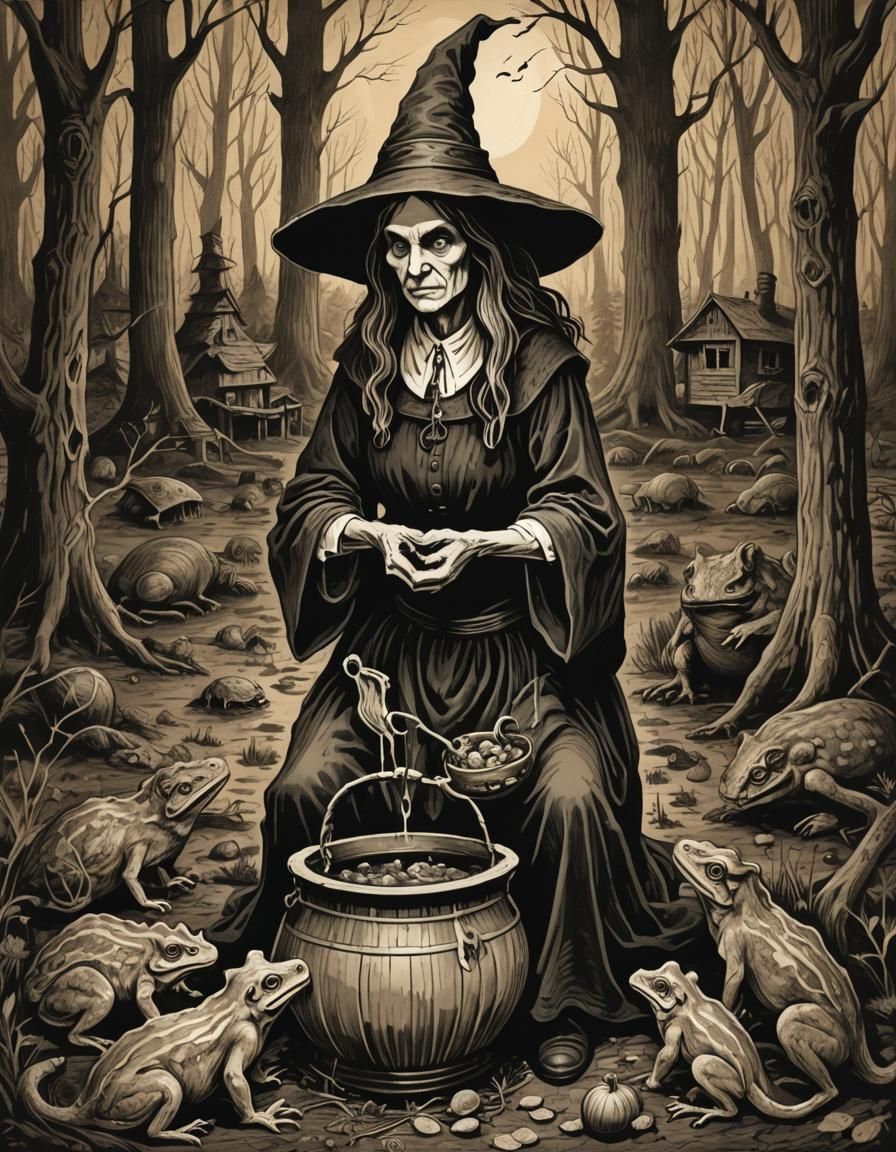 Puritan Witch Feeding Demon Toads in Woodcut Horror Style