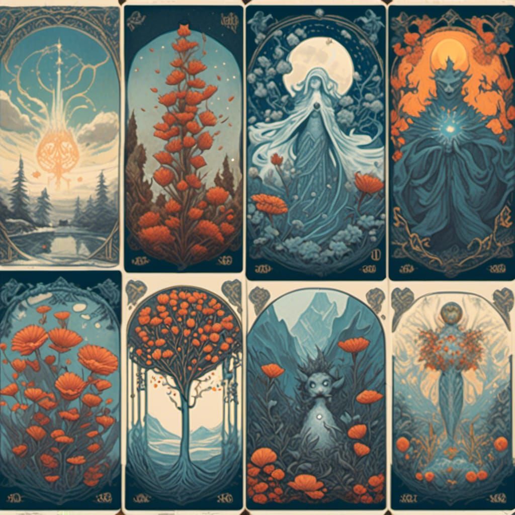 Winter Tarot Cards in Intricate Ink Illustration Style