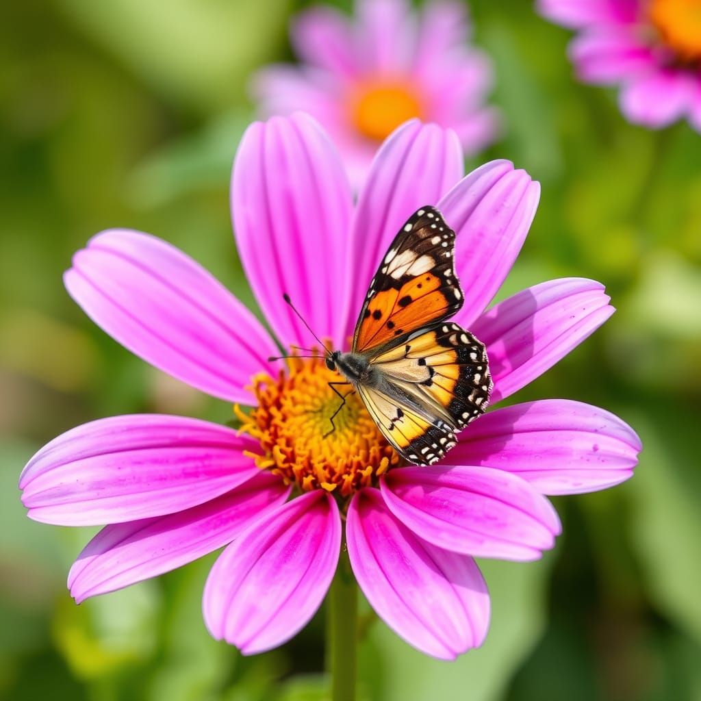 Delicate Flower with a Butterfly Landing