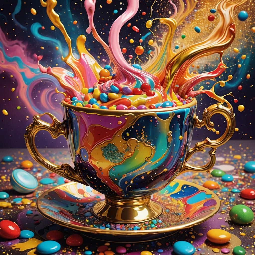 Splash colourful paint with lightning over a teacup full of glitter, against a psychedelic backdrop in the golden colour...