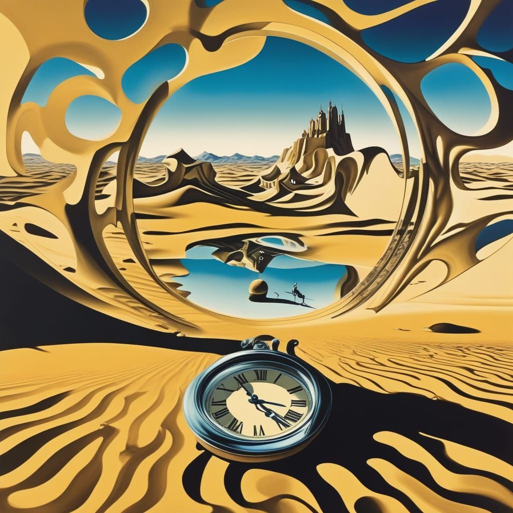 Surreal Desert Landscape with Melting Clocks and Escher Pers...