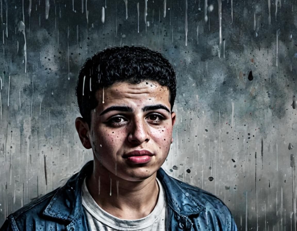 Crying Man in Rain: Melancholic Expressionism Portrait