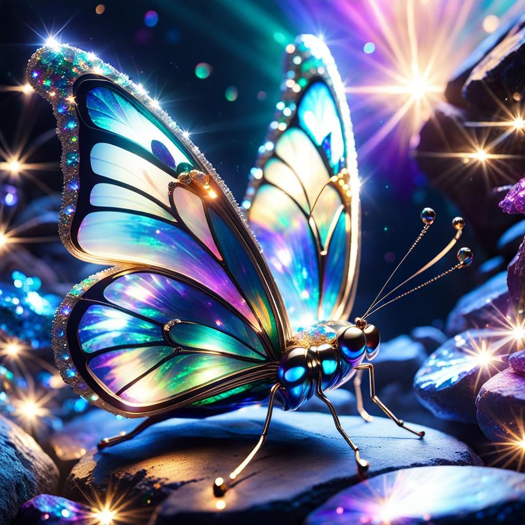 Iridescent Opal Butterfly on Rock: Fantasy Realism