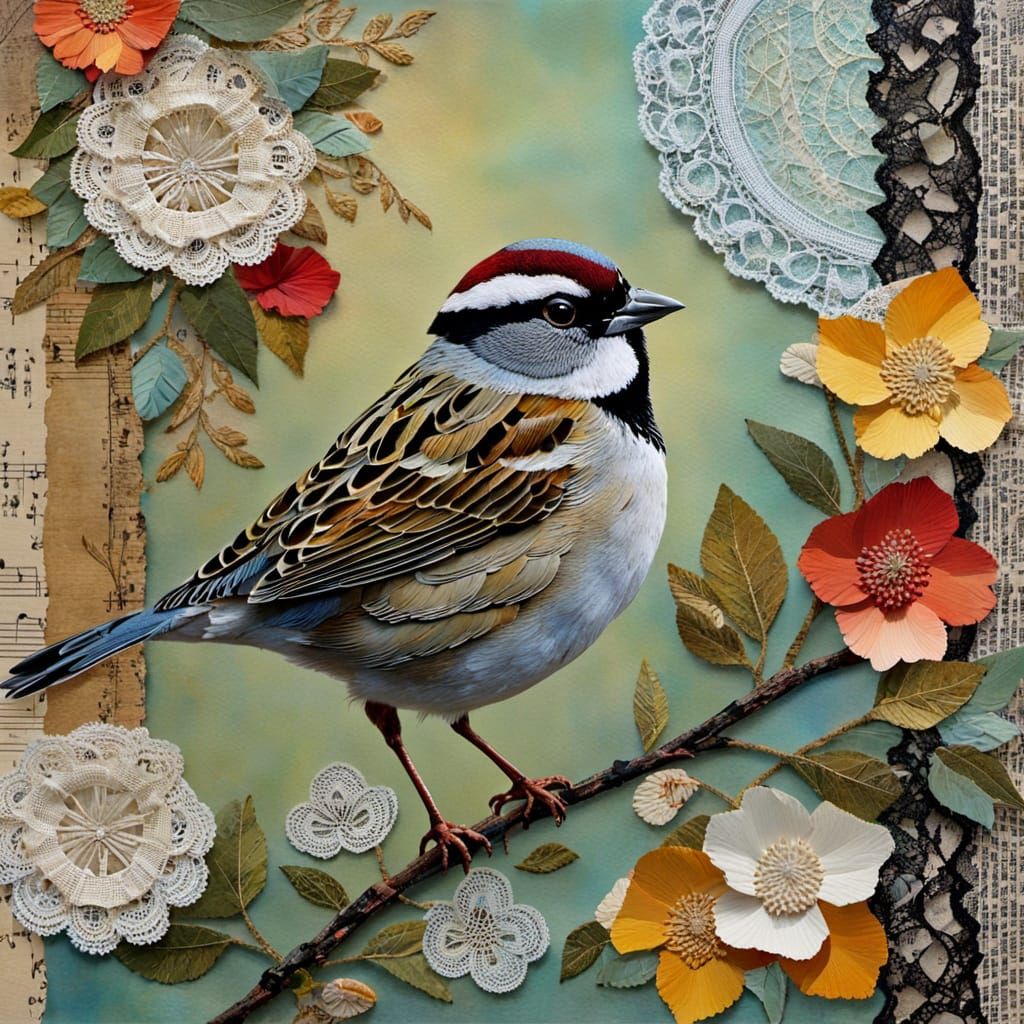 Vibrant Sparrow Collage in Mixed Media Art