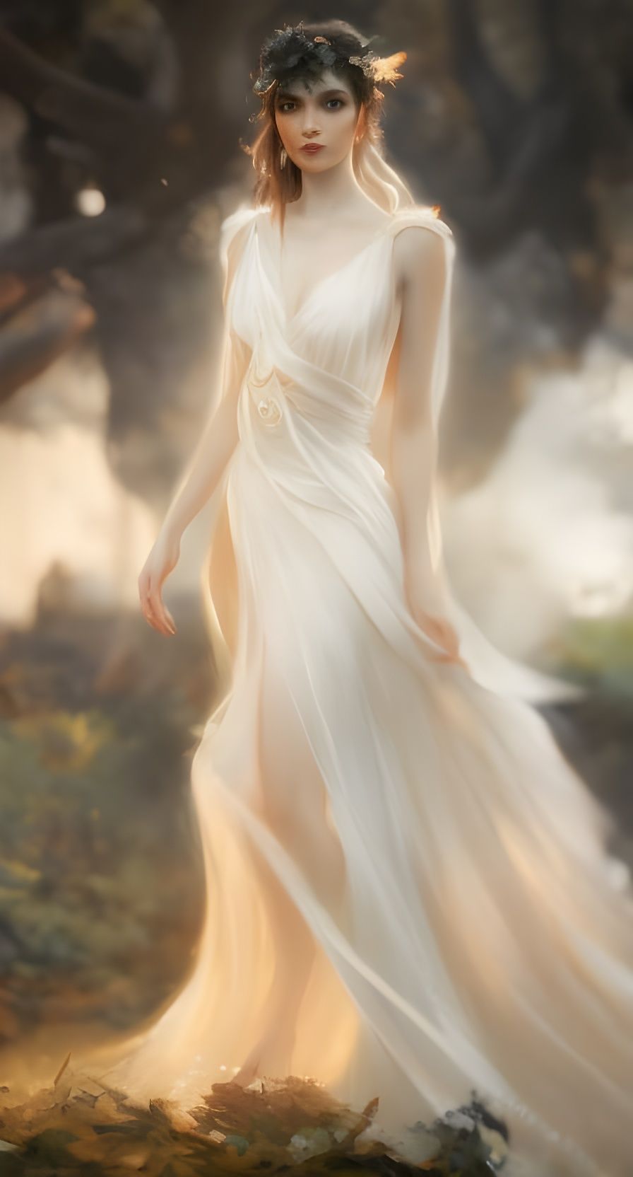 Elegant Woman in Misty Forest, Digital Art