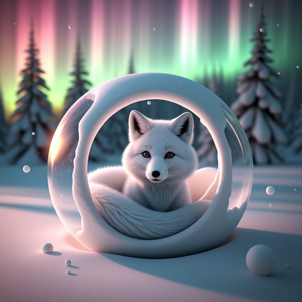 Fox in Snowball with Aurora Borealis