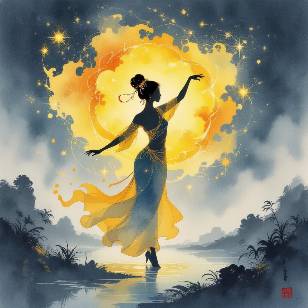 Dancing Silhouette in Cosmic Ink Blossoms