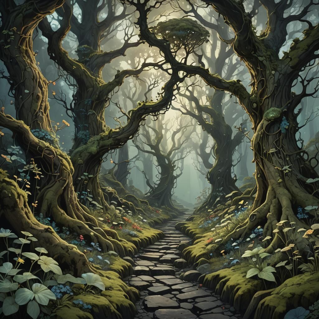 Enchanted Forest Path with Bioluminescent Fungi