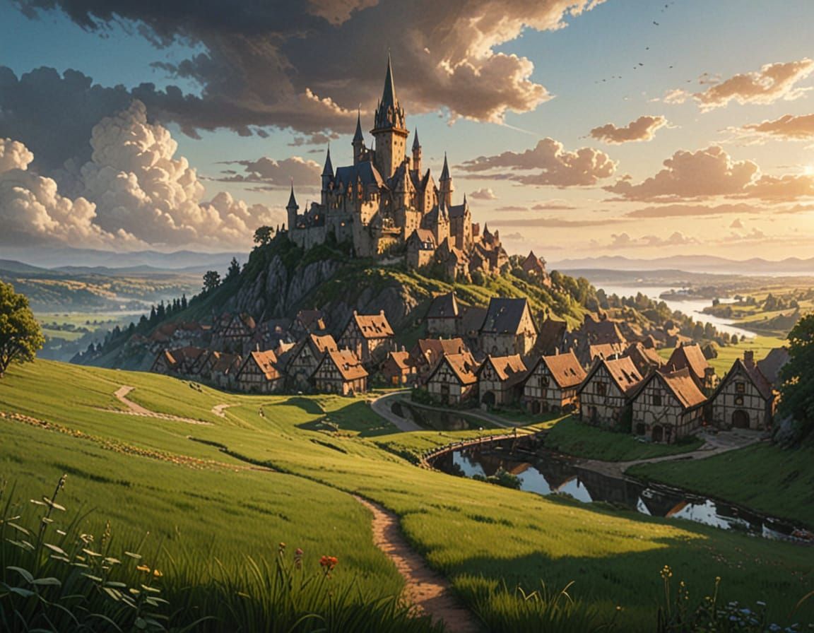 Medieval Vampire Village Soars Above a Green Field in a Whim...