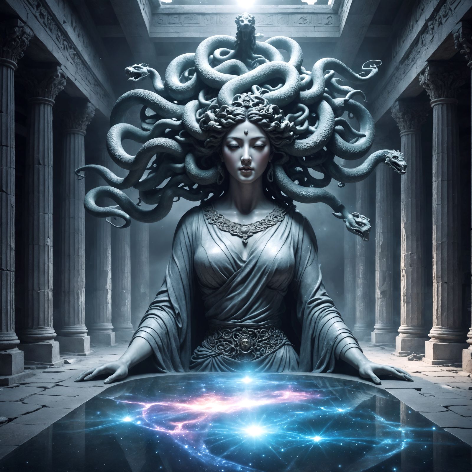 Hyperrealistic Korean Medusa Statue in Ruined Greek Temple