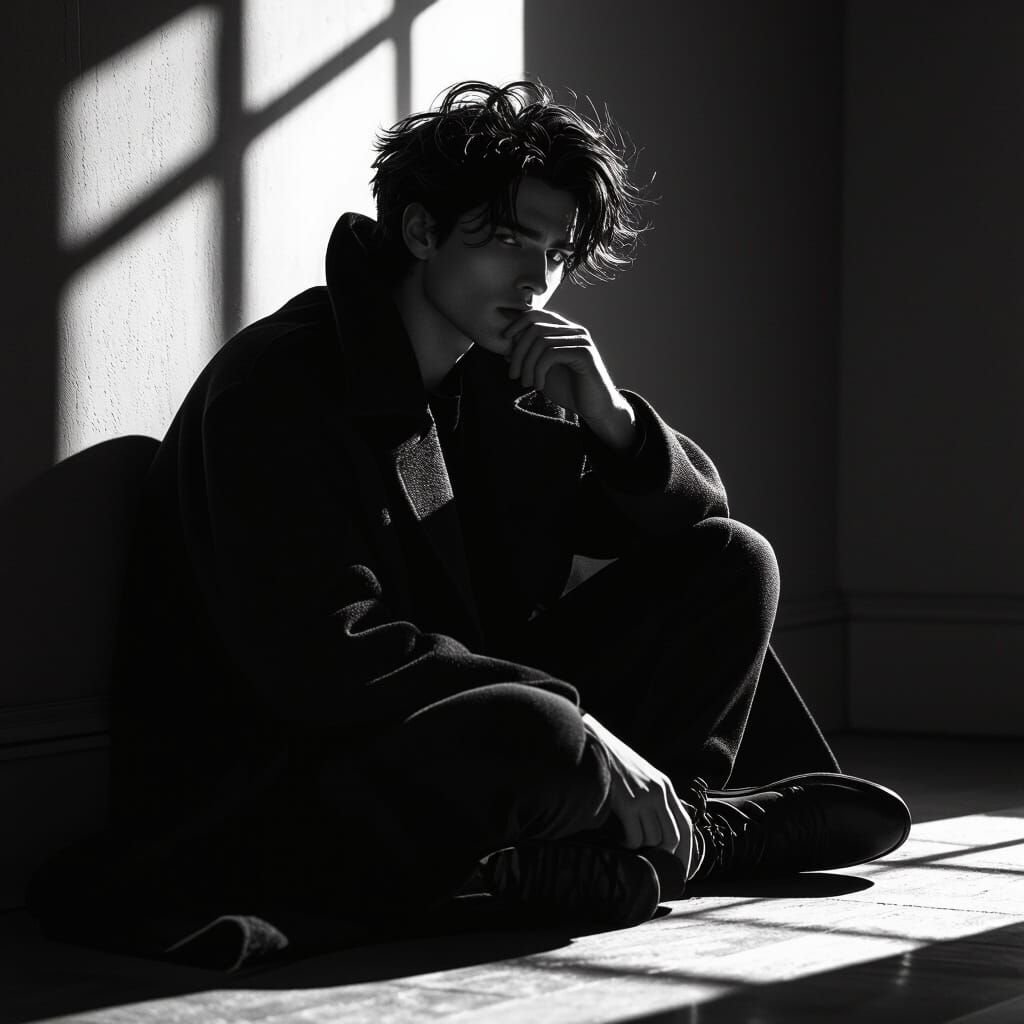 Introspective Young Man in Dramatic Black and White