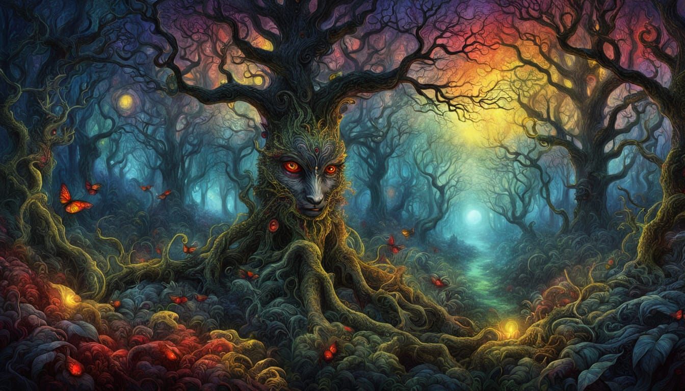 Eerie Forest Garden at Twilight with Glowing Eyes