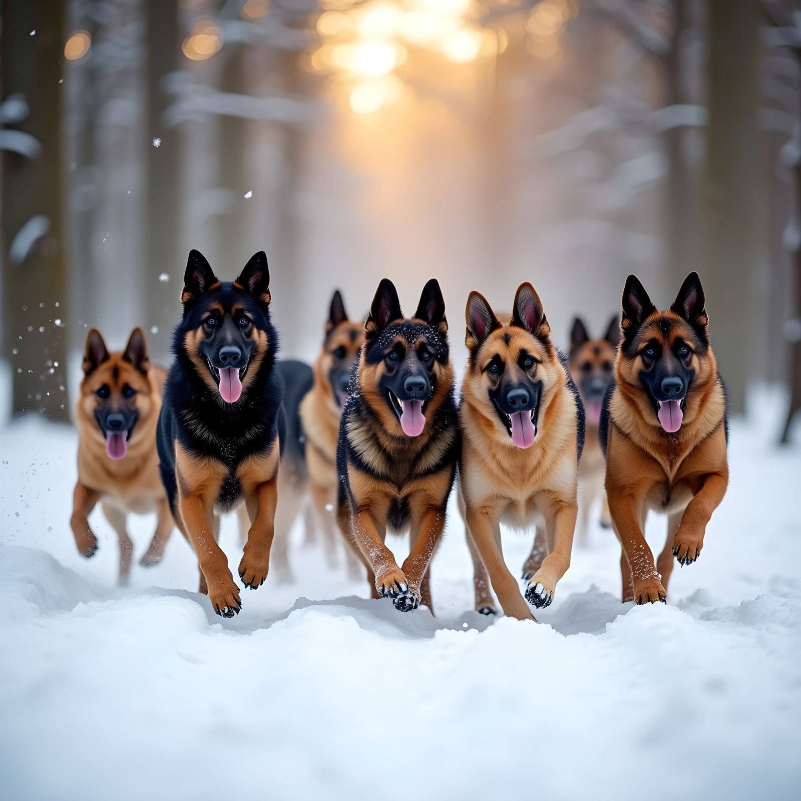 German Shepherds Frolic in Winter Forest