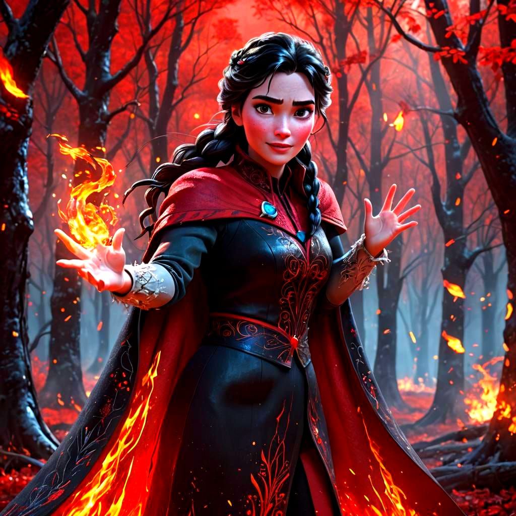 Elsa Pyromancer in Red Forest: Fantasy Concept Art