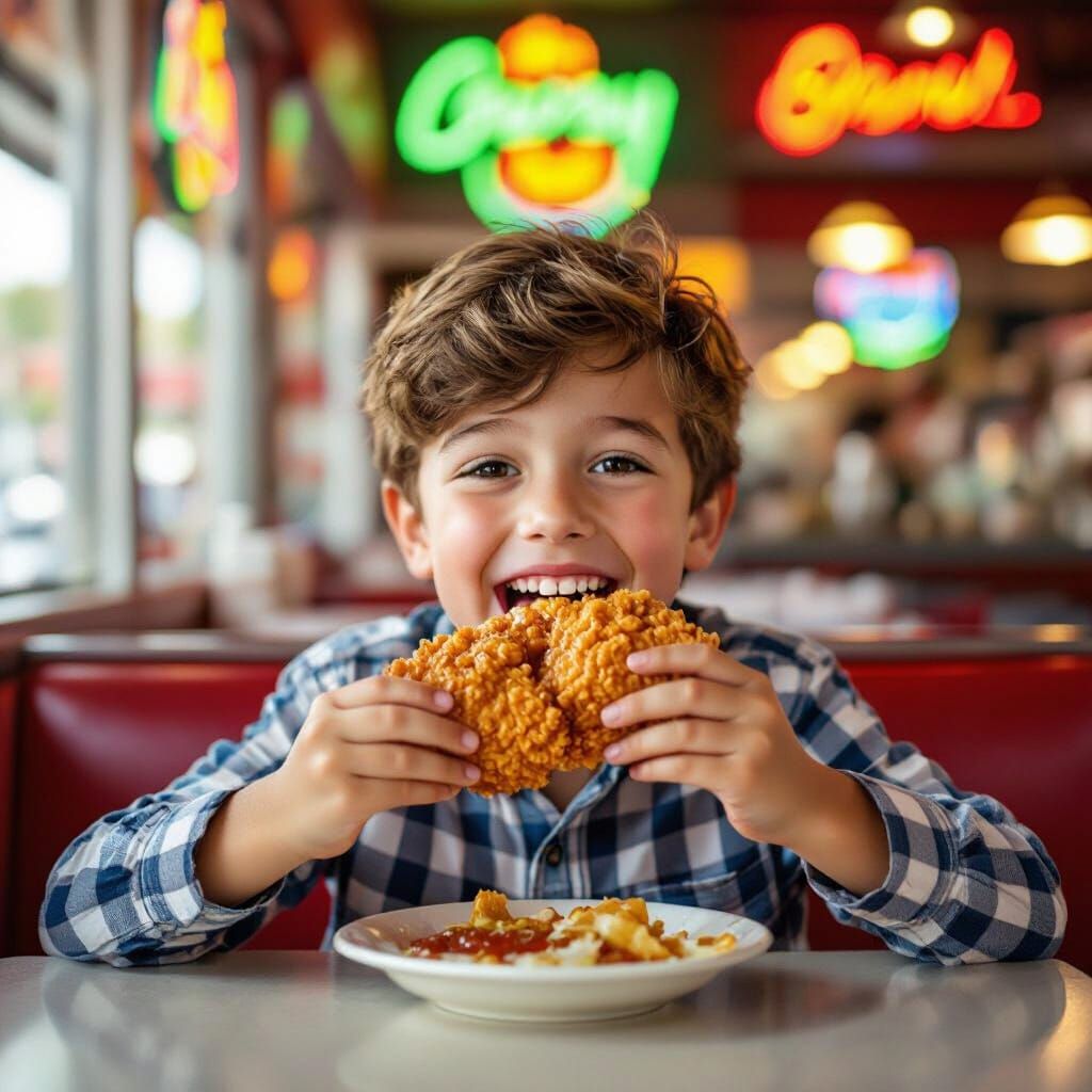 Joyful Boy Eats Fried Chicken in Neon Diner
