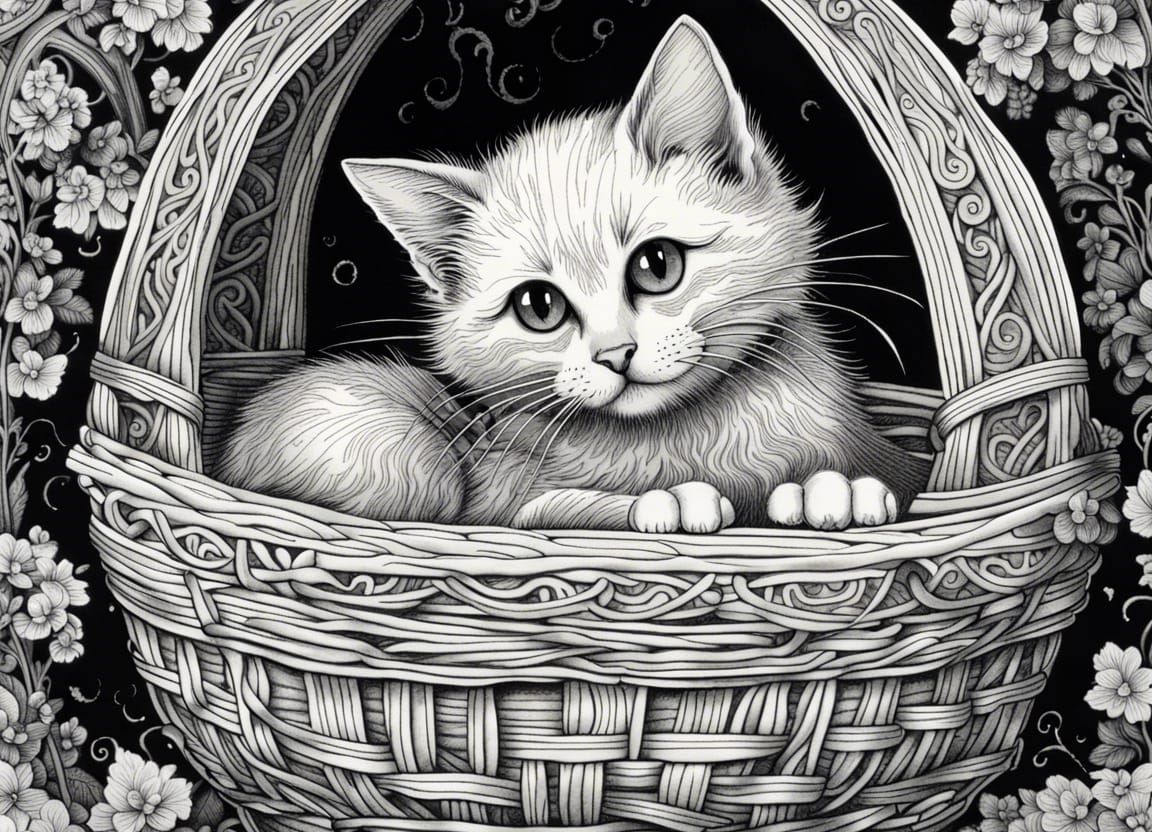 black and white ink drawing of a very cute kitten in a baske...