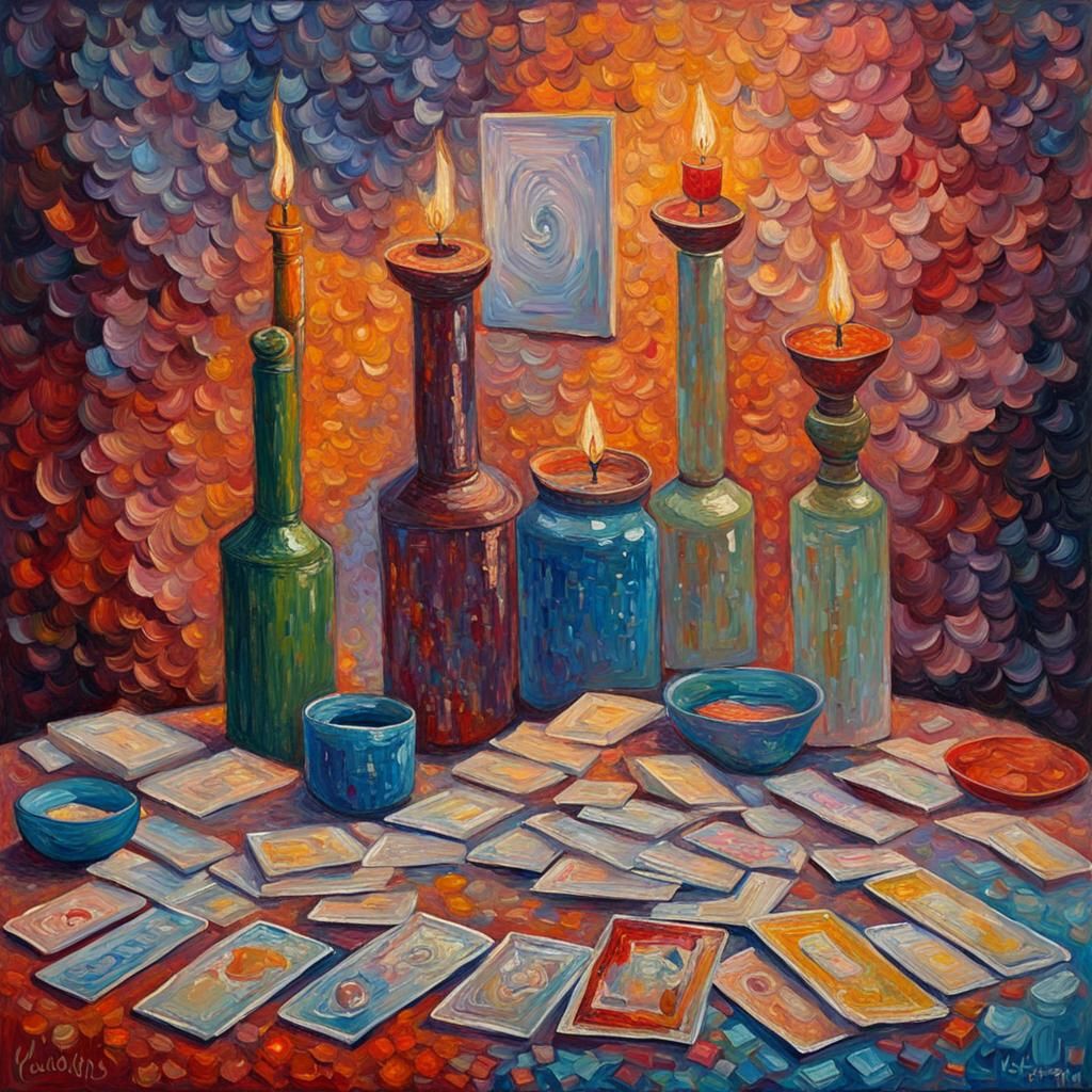 Crystals and Tarot Cards in Expressionist Oil Painting