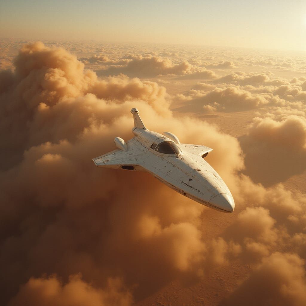 Sleek Starship Descends into Roiling Desert Sandstorm