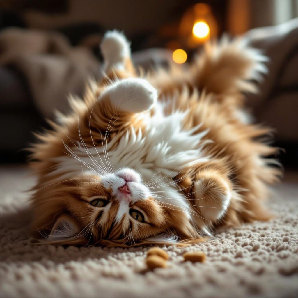 Photorealistic Fluffy Orange and White Cat Rolls Over
