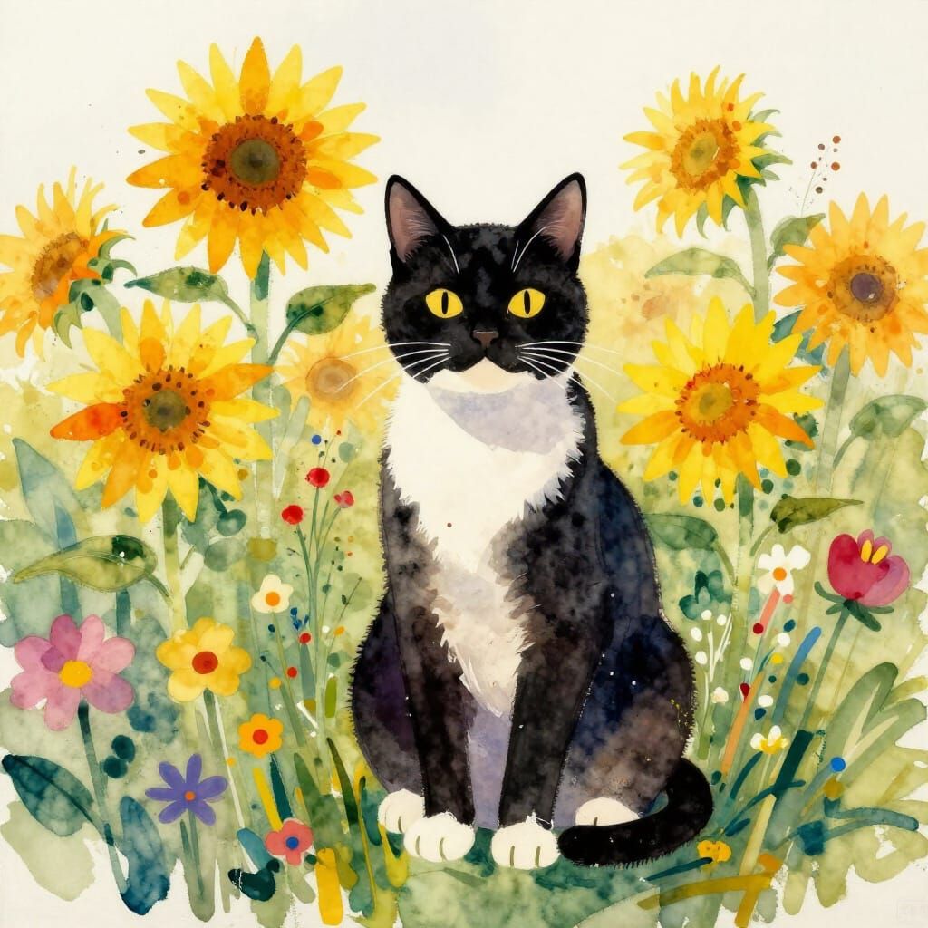 Tuxedo Cat in Watercolor Field of Flowers