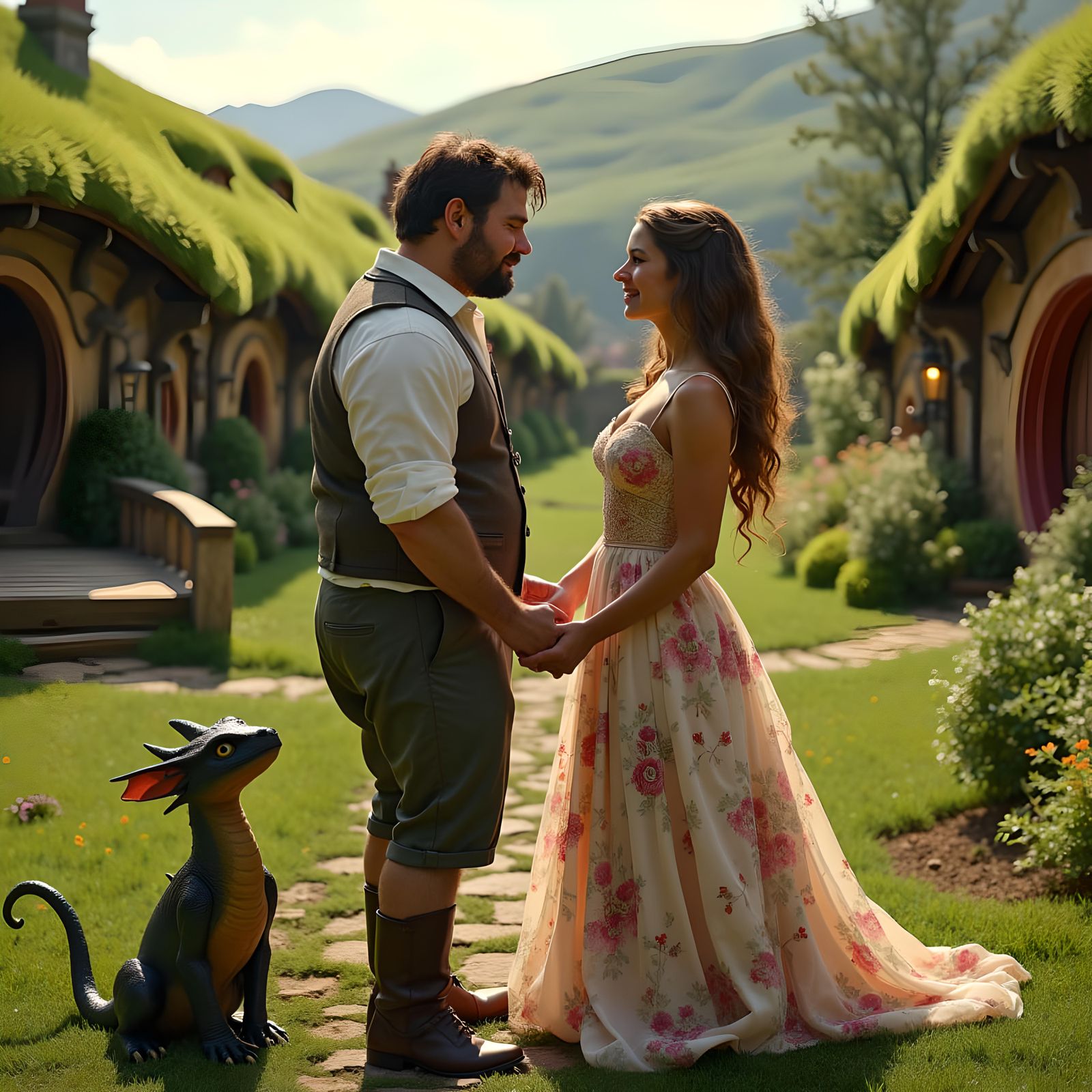 Hobbit Couple with Dragon in Hobbiton Yard