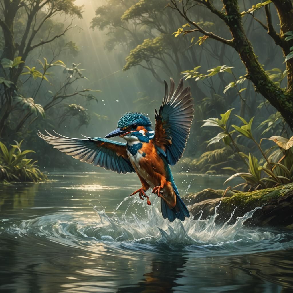 Kingfisher Hunting: Epic Cinematic Oil Painting