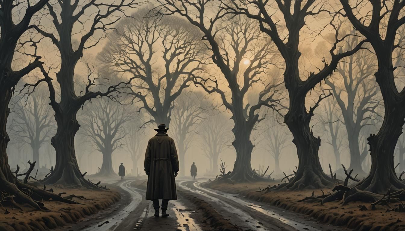 Man at Crossroads in Foggy Landscape: Dutch Masters Style